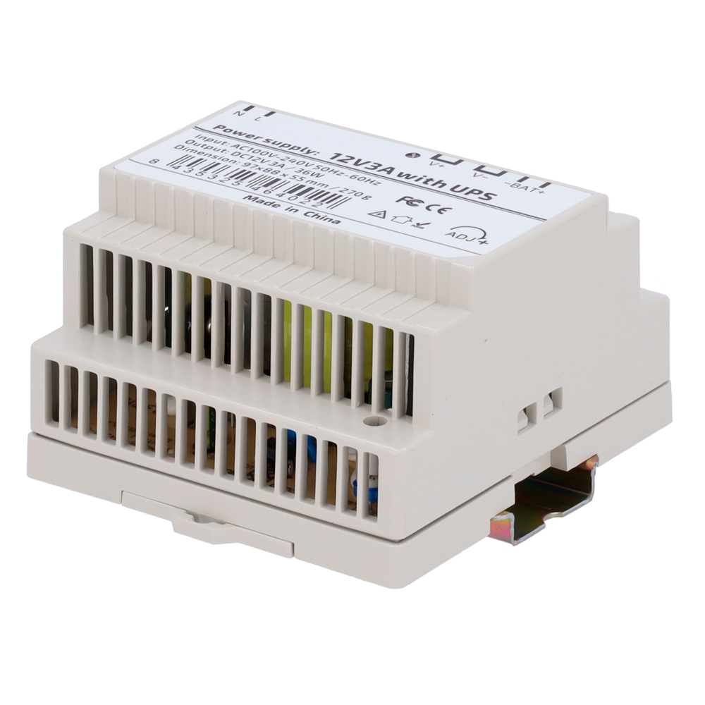 Strømforsyning med UPS funktion - DC Output 12V 3A / 36W - AC input spænding 100V ~ 240V 50Hz-60Hz - 97 (D) x 55 (H) x 88 (W) mm - DIN skinne montering - Beskyttelse: Overbelastning/Overspænding/Kortslutning