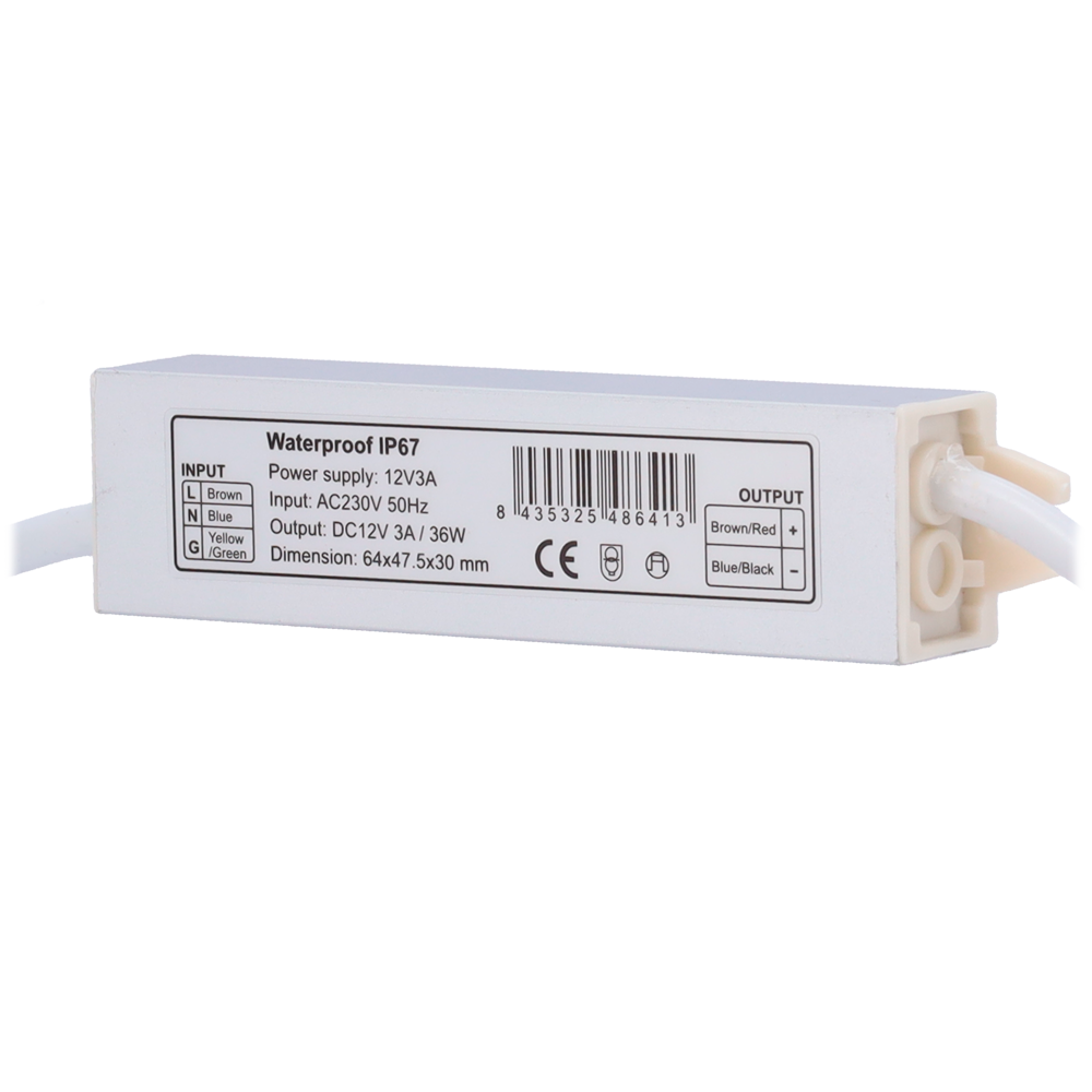 Strømforsyning - DC 12 V Output, 3 A - AC output 230V 50Hz - Vejrbestandig IP67 - Beskyttelse: Overbelastning/overspænding/overophedning - Hvid