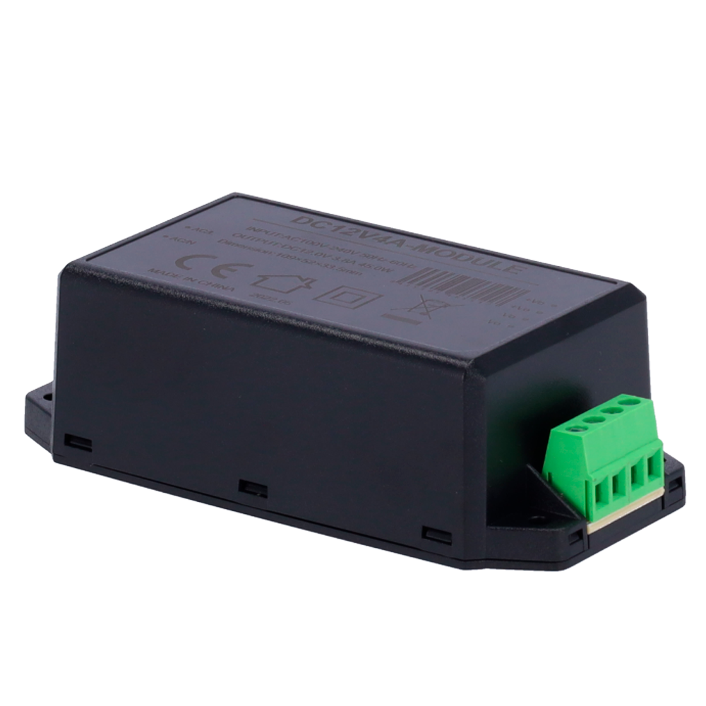 Strømadapter - Output DC 12 V 3.8 A - Input AC100-240 V 50/60 HZ - 109 x 52 x 33.5 mm - Beskyttelse: Overbelastning/Overspænding - Sort