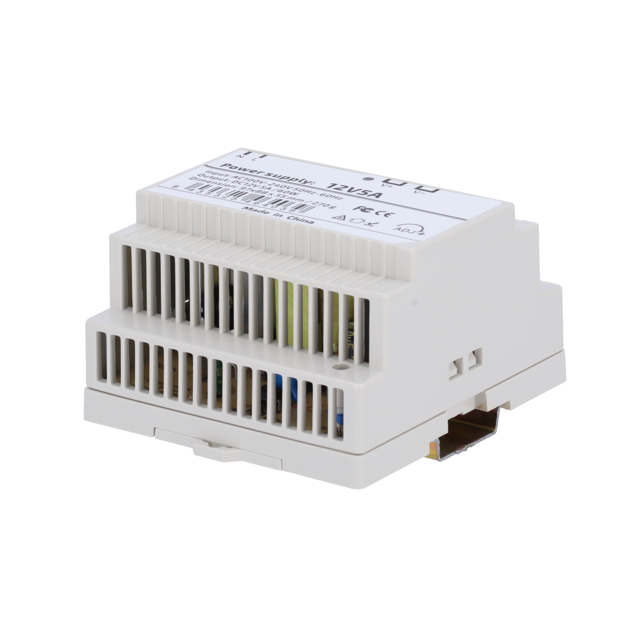 Strømforsyning - DC Output 12V 5A / 60W - AC input spænding 100V ~ 240V 50Hz-60Hz - 97 (D) x 55 (H) x 88 (W) mm - DIN skinne montering - Beskyttelse: Overbelastning/Overspænding/Kortslutning