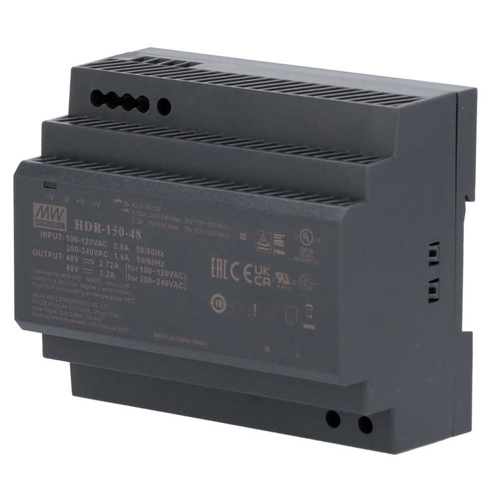 Strømforsyning - DC output 48 V / 3,2 A / 150 W - 2 outputs - 105 (B) x 90 (H) x 55 (D) mm - DIN skinne montering - Overbelastning/kortslutning beskyttelse