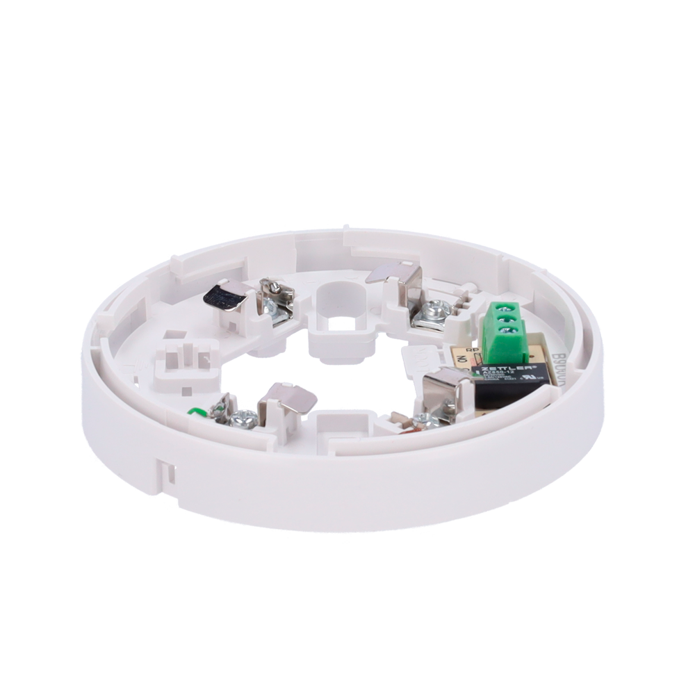 Lavprofil sokkel med relæ - Op til 12VDC 0.5A / Terminal NO/NC/C - Kompatibel med V2 og høj-sokkel detektorer - Nødvendig for detektor installation - Let monteringsmærke - Mulighed for låsning af detektor til sokkel - Kompatibel med aktionsindikatorlys