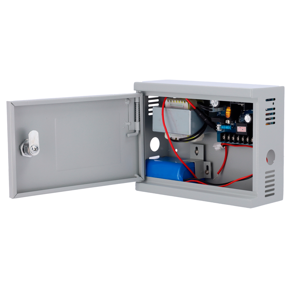 Strømforsyning til adgangskontrol - Konfigurerbar NO/NC - DC output 13.5V / 2A - Metalboks med lås - Lithium hjælpebatteri 12V / 7Ah inkluderet - Overflademontering