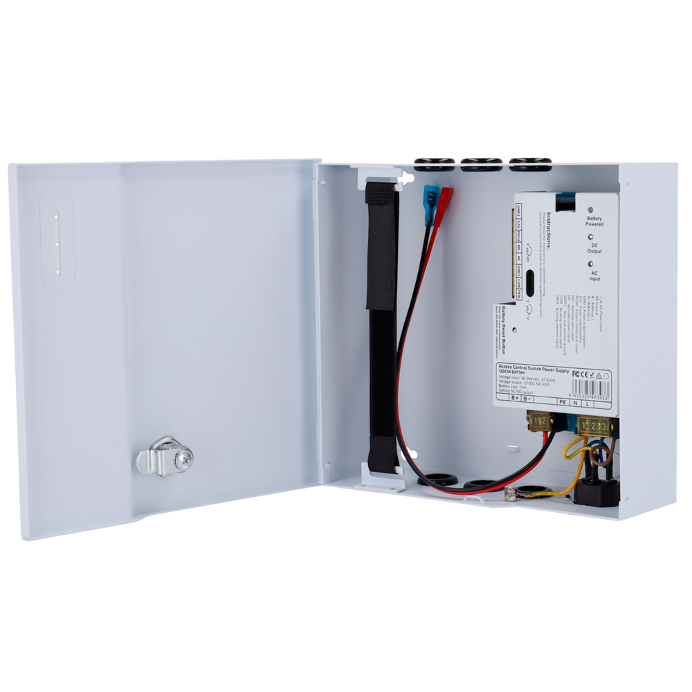 Strømforsyning til adgangskontrol - Konfigurerbar NO/NC - DC output 11-14V / 5A - Metalboks med lås - Egnet til backup batteri 12V / 7Ah - Overflademontage