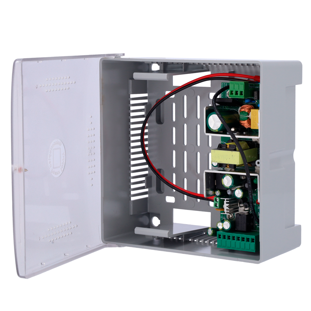 Strømforsyning til adgangskontrol - Konfigurerbar NO/NC - DC output 12.5-13.8V / 5A - Plastboks - Egnet til backup batteri 12V / 7Ah - Overflademontage