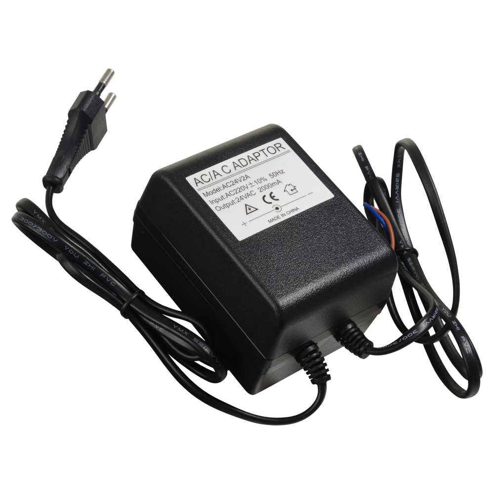AC/AC Transformer - Indgang AC 220 V - Udgang AC 24 V 2 A - Kabellængde 1 m - 90 (H) x 65 (W) x 55 (D) mm - 773 g