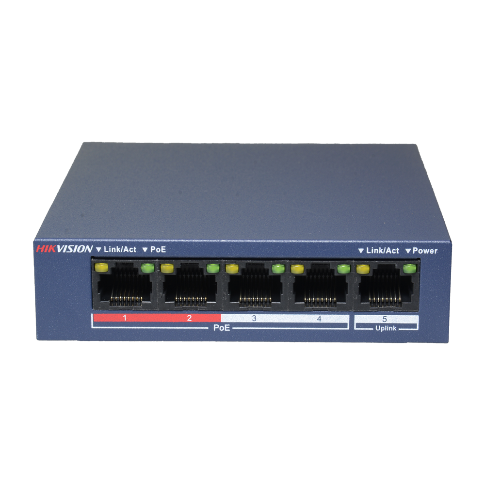 Hikvision Desktop Switch - 4 PoE porte + 1 Uplink port (RJ45) - Hastighed 10/100Mbps - Op til 35W i alt for alle porte - Kompatibel med PoE IEEE802.3af