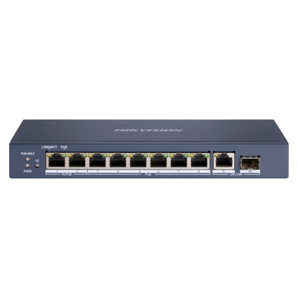 Hikvision Hi-PoE Switch - 8 PoE porte + 1 Uplink RJ45 + 1 SFP Uplink - Gigabit porthastighed 10/100/1000Mbps - 6 PoE+ porte 30W + 2 Hi-PoE porte 90W - PoE Watchdog - Op til 110W total PoE effekt