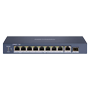 Hikvision Hi-PoE Switch - 8 PoE porte + 1 Uplink RJ45 + 1 SFP Uplink - Gigabit porthastighed 10/100/1000Mbps - 6 PoE+ porte 30W + 2 Hi-PoE porte 90W - PoE Watchdog - Op til 110W total PoE effekt