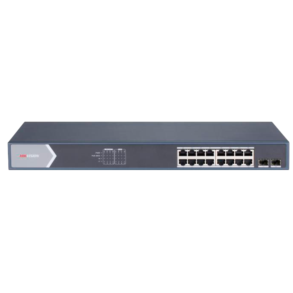 Hikvision PoE Switch - 16 RJ45 GE porte + 2 Gigabit SFP porte - 16 PoE+ porte 802.3af/at - Op til 225W total PoE effekt - PoE Extended / PoE Watchdog / Port Isolation - Rack/væg/desktop installation