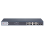 Hikvision PoE Switch - 16 RJ45 GE porte + 2 Gigabit SFP porte - 16 PoE+ porte 802.3af/at - Op til 225W total PoE effekt - PoE Extended / PoE Watchdog / Port Isolation - Rack/væg/desktop installation