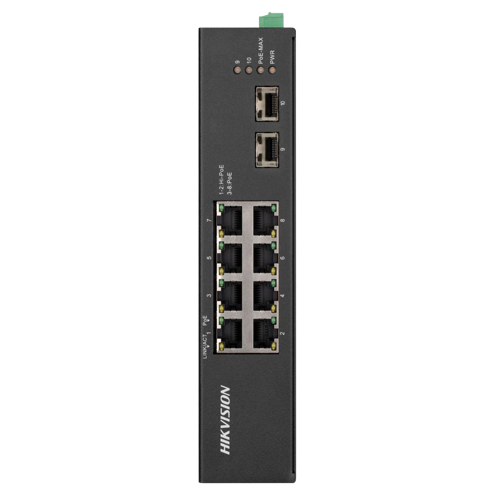 Hikvision Industrial Unmanaged PoE Switch - 8 Ethernet RJ45 Gigabit + 2 SFP Gigabit porte - 8 Ethernet PoE+ porte 802.3af/at - Op til 30W per PoE port - Op til 240W PoE effekt - Robust aluminiumskabinet