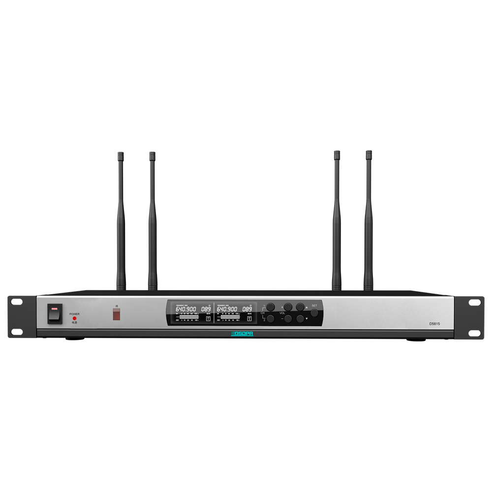 Trådløs mikrofon modtager - Dobbelt kanal - Parring via IR - Volumenkontrol for hver kanal - XLR udgang - Kompatibel med mikrofoner DSPPA-D58XX