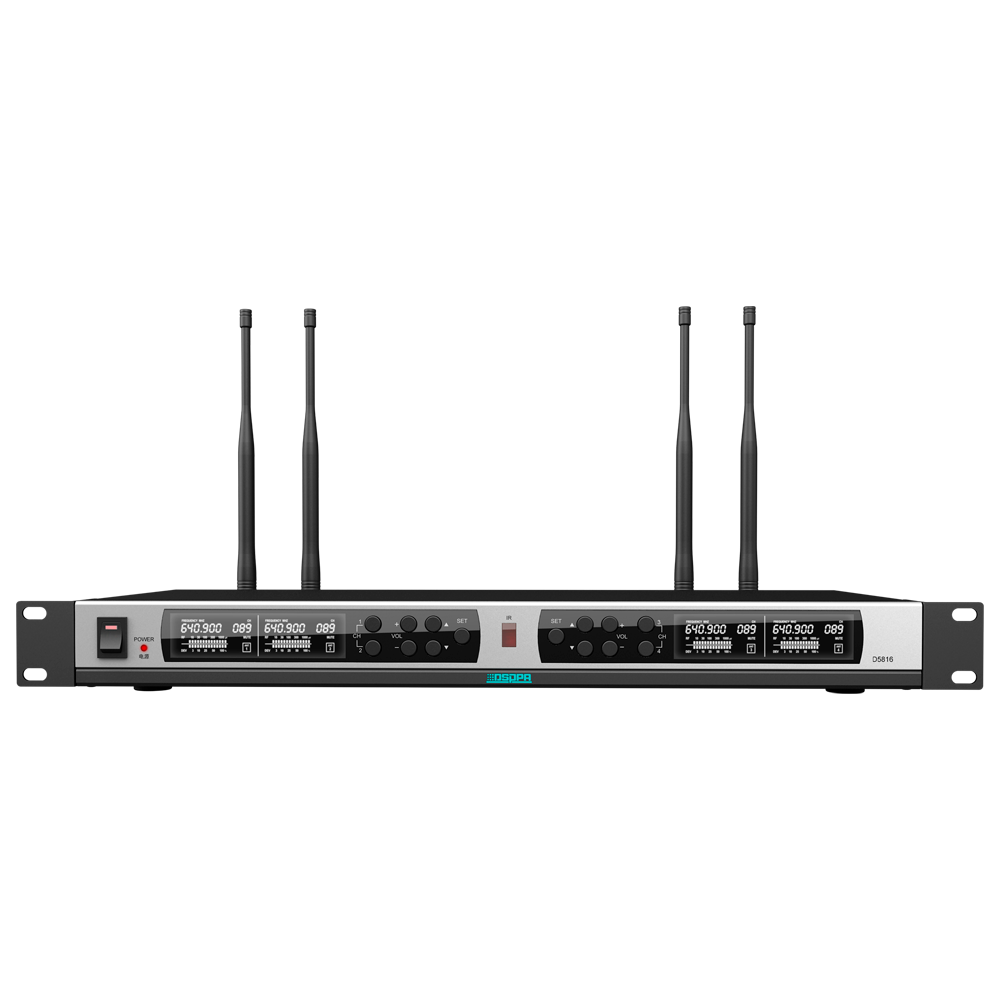Trådløs mikrofon modtager - Fire kanaler - Parring via IR - Volumenkontrol for hver kanal - XLR udgang - Kompatibel med mikrofoner DSPPA-D58XX