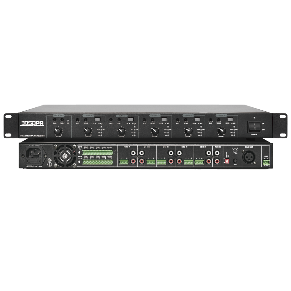 Mixer forstærker - 5 kanaler - Effekt på 5x60W - Forstærkning 100V - Lav impedans 4-16Ω