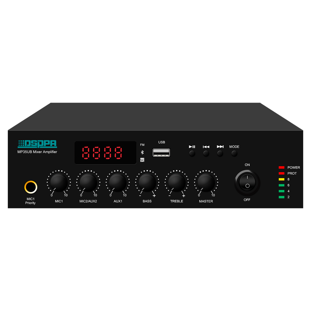 Mini digital mixer - Forstærker 100V - USB Player / FM Radio / Bluetooth - Effekt 35W - Line udgang - Understøtter fjernbetjening
