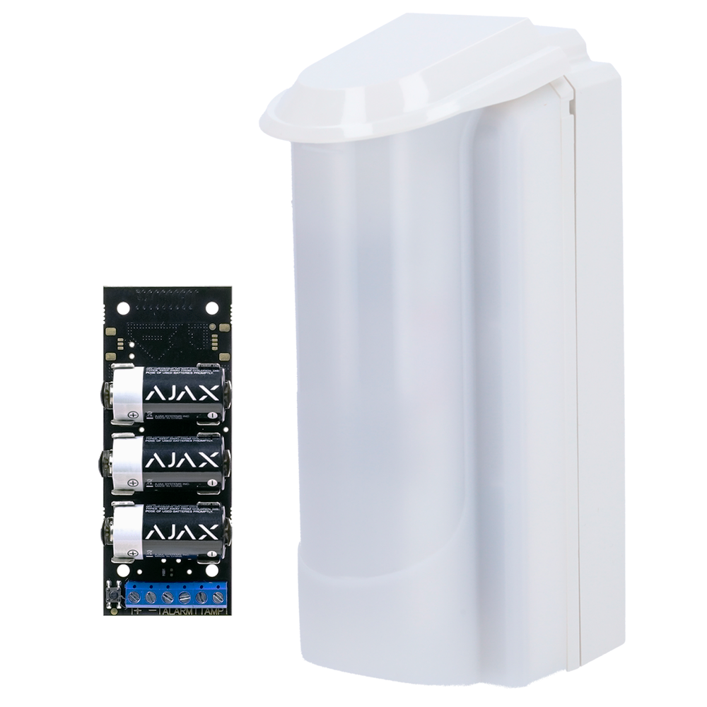 Duevi lavt strømforbrug udendørs detektor - Kompatibel med Ajax Transmitter (inkluderet) - Dual PIR og mikrobølge (24 GHz) - Detektering 15 m / Antimasking / Immun over for kæledyr - Strømforsynet af Transmitter - Udendørs brug IP54 / Hærværkssikker IK10