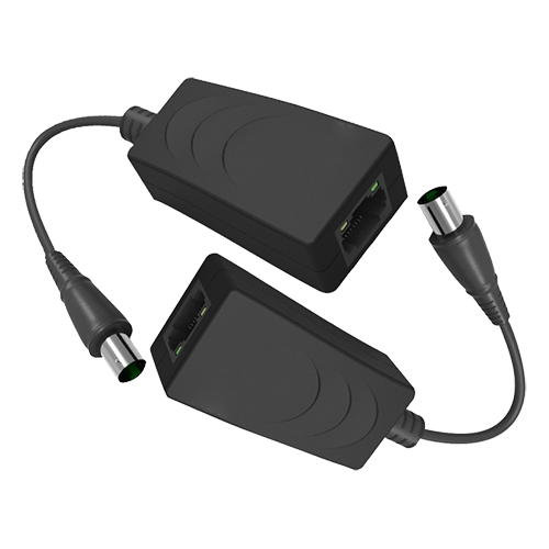 IP forlænger via koaksialkabel - Passiv | Ingen strøm påkrævet - Sender og modtager - Tillader transmission af 1 IP kanal - Maksimal afstand 200 m - Båndbredde 10/100 Mbps