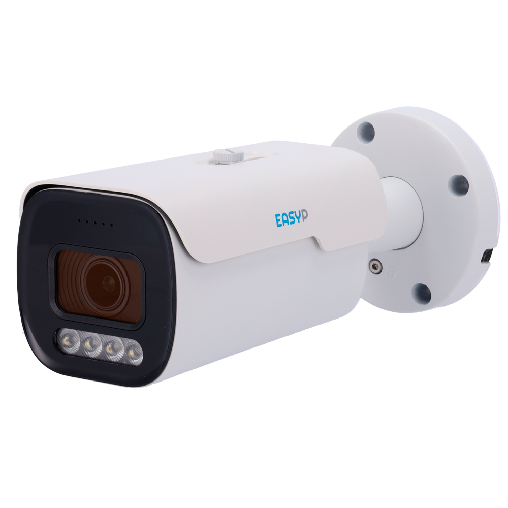 EASY-P AI IP Bullet Kamera - 8MP | Motoriseret linse 2.7~13.5 mm - IR 50 m | Hvidt lys 40 m | Mic - Plug & Play installation - AI til Mennesker og/eller Køretøjer - IP67 | PoE | P2P | Metal