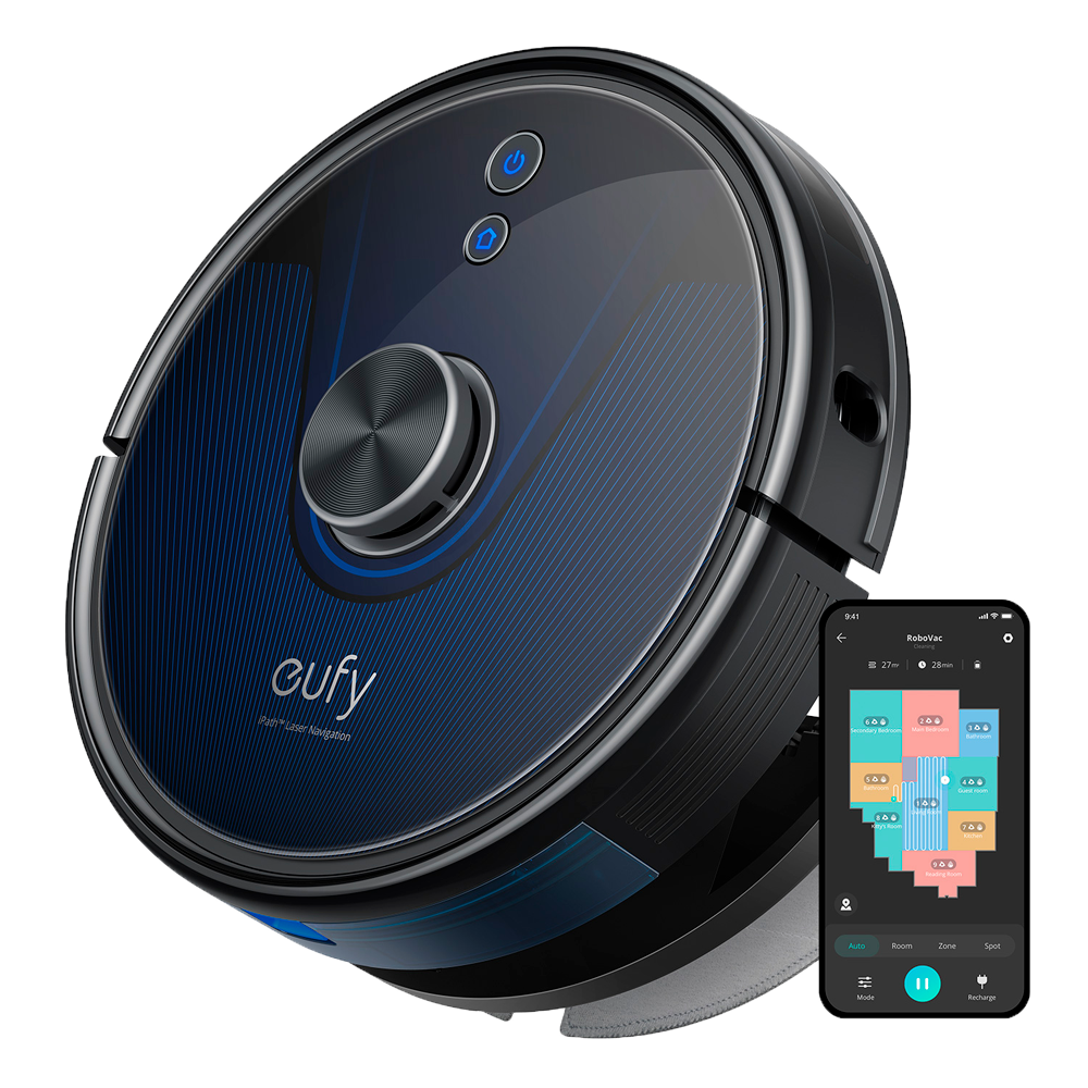 Robotstøvsuger Eufy by Anker - Maksimal kraft 3200 Pa - Tankkapacitet 330 ml støv, 200 ml vand - Teknologi BoostIQ™️ / iPath Laser Navigation - Kortlægger forskellige etager - Kompatibel med Amazon Alexa og Google Assistant
