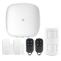 Alarm og Smart Home System - Panel med WiFi modul og GSM/GPRS - Sender push notifikationer og opkald - 1 volumetrisk PIR detektor - 2 magnetiske dør/vindue kontakter - 2 fjernbetjeninger