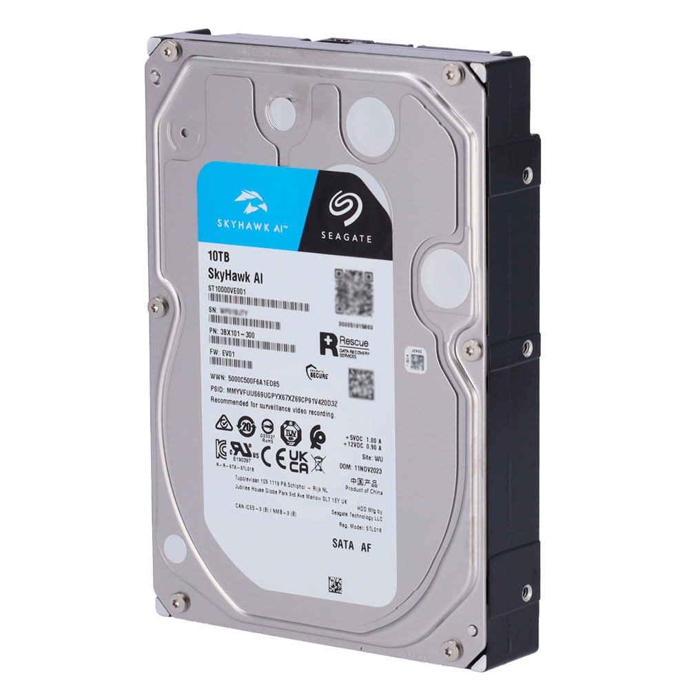 Seagate Skyhawk AI harddrive - Kapacitet 10 TB - SATA interface 6 GB/s - Op til 32 kunstig intelligens transmissioner - Model ST10000VE001 - Network Video Recorder (NVR) Special