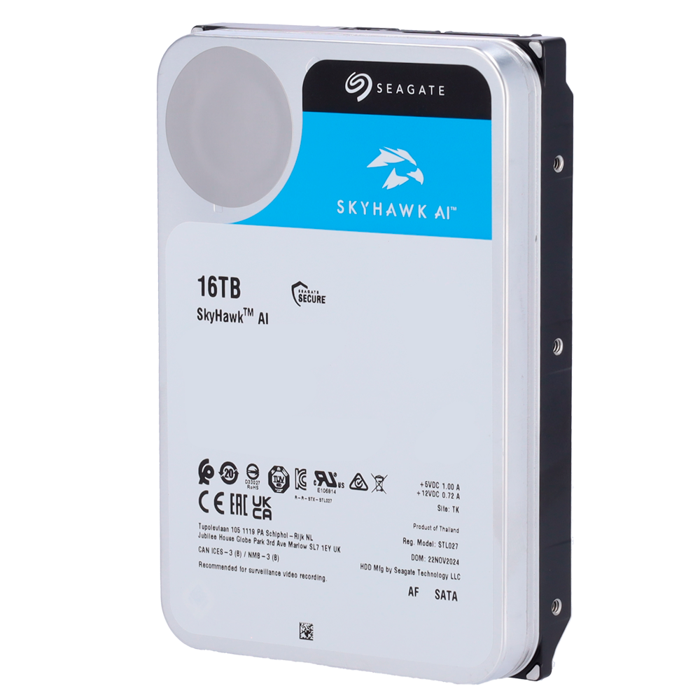 Seagate Skyhawk AI harddisk - Kapacitet 16 TB - SATA interface 6 GB/s - Op til 32 kunstig intelligens transmissioner - Model ST16000VE002 - Network Video Recorder (NVR) Special