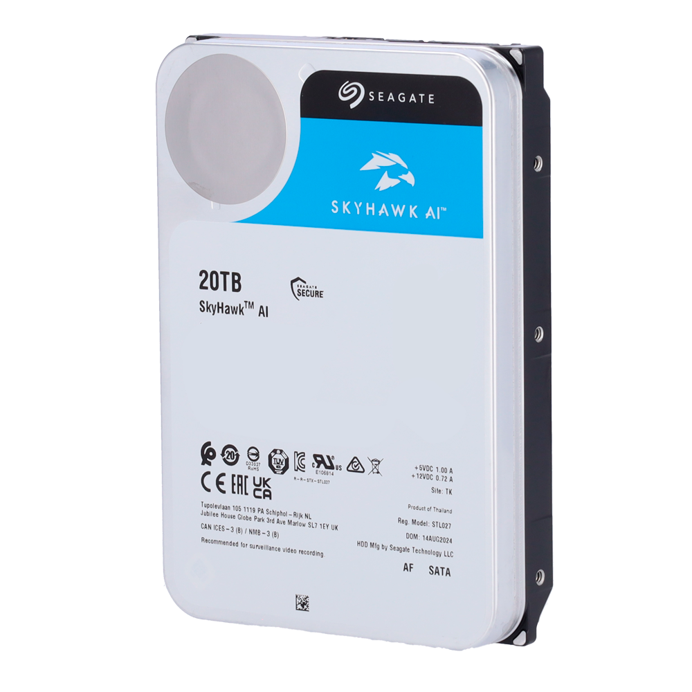 Seagate Skyhawk AI harddisk - Kapacitet 20 TB - SATA interface 6 GB/s - Op til 32 kunstig intelligens transmissioner - Model ST20000VE002 - Network Video Recorder (NVR) Special