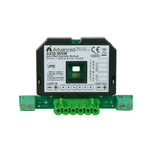 Advanced sirene tilslutningsinterface - Gør det muligt at tilslutte Advanced konventionelle sirener i analoge systemer - Kompatibel med ADV-AXIS-CWS og ADV-AXIS-CWSV - Indbygget isolator - Certifikater EN54-17 og EN54-18