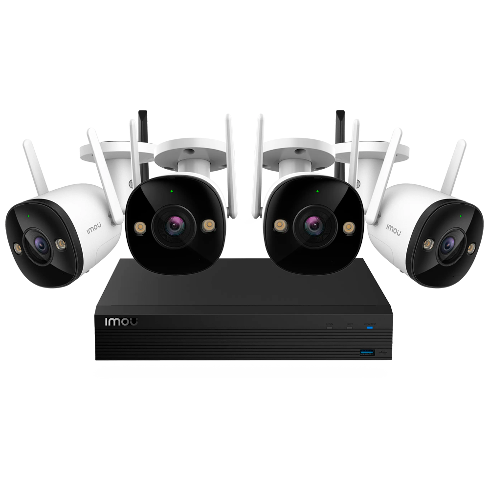 Trådløst Kit 4 Bullet Kameraer 2 2MP - NVR 4CH / WiFi 2.4 GHz - 2.8mm / IR + Full Color - Tovejs lyd / Sirene + Flash - Menneskedetektion - Egnet til udendørs / IP67