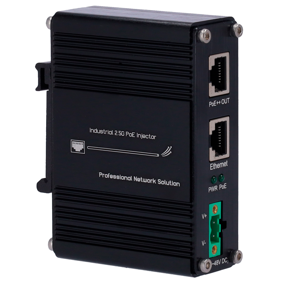 Hi-PoE Industrial Injector - Input RJ45 10/100/1000/2,5 T-base - Total effekt 60 W - Maksimal afstand 100 m - PoE/PoE+/PoE++ IEEE802.3af/at/bt - Stabiliseret og beskyttet