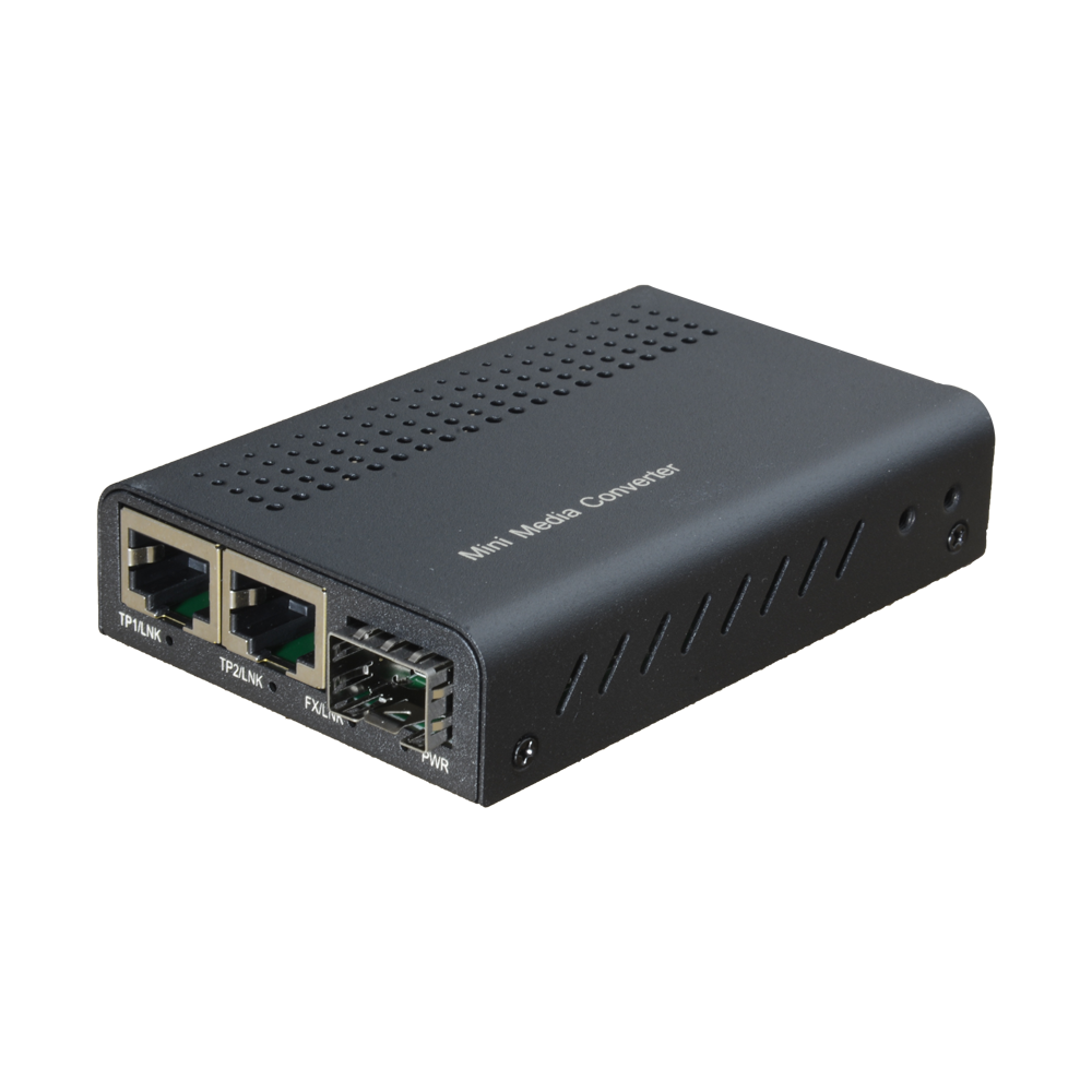Media Converter - 2x Ethernet RJ45 - 1x SFP - Gigabit - 10/100/1000 Base-TX - Kompakt størrelse