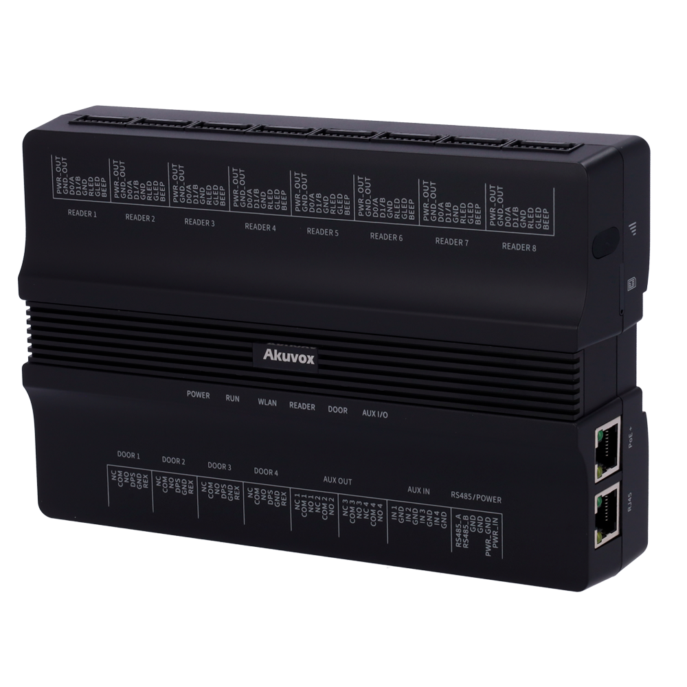 PoE Adgangskontroller - Kort og PIN - 100.000 brugere | 200.000 registreringer - 8 læsere via Wiegand | 8 læsere via OSDP - Relæ til 4 WiFi og LTE porte - Forbindelse gennem Cloud | 12V udgange