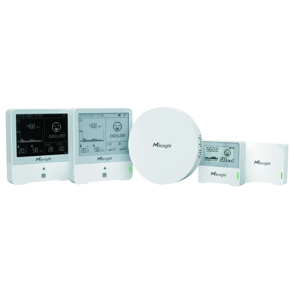 Indendørs luftkvalitet IoT LoRaWan Indendørs luftkvalitetsløsning Kit - UG63 Mini LoraWan Gateway - 4 miljøtilstandssensorer - 1 år Milesight IoT Cloud Pro - 8 kanaler og forbindelse til 2000 enheder - Ethernet kommunikation