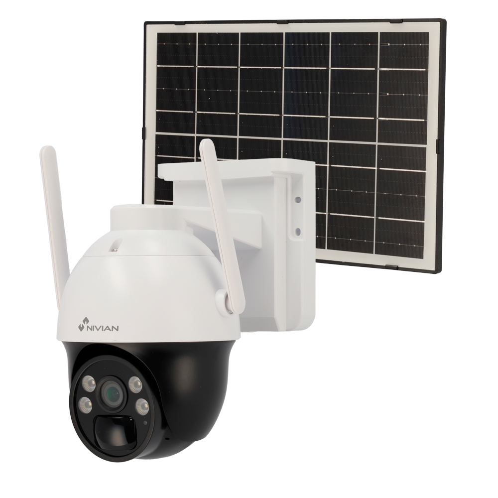 Nivian motoriseret 4G kamera + SIM - Opløsning 2K / Komprimering H.265 - IR 30 m / hvidt LED og lydafskrækkelse - 18000mAh batteri / 7W solpanel / PIR - Egnet til udendørs brug IP66 - Esaecloud App og software