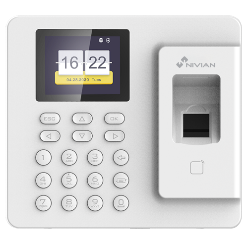Tids- og adgangskontrol - Fingeraftryk, MF Card og Keypad - 1.000 registreringer / 100.000 records - TCP/IP og USB - Time & Attendance tilstande - Nivian Control Center AC Software