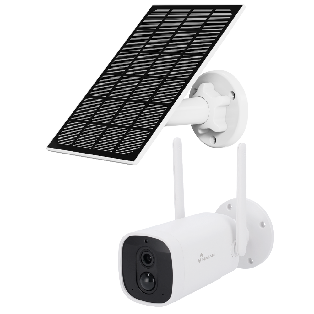 Nivian Smart Kamera 1080p + Solpanel - WiFi 2.4 GHz - Egnet til udendørs brug: IR op til 8 m - Batteri 10400mAh / PIR / Person detektion - Optagelse til MicroSD kort eller Cloud - TUYA Smart / Google / Alexa Kompatibel