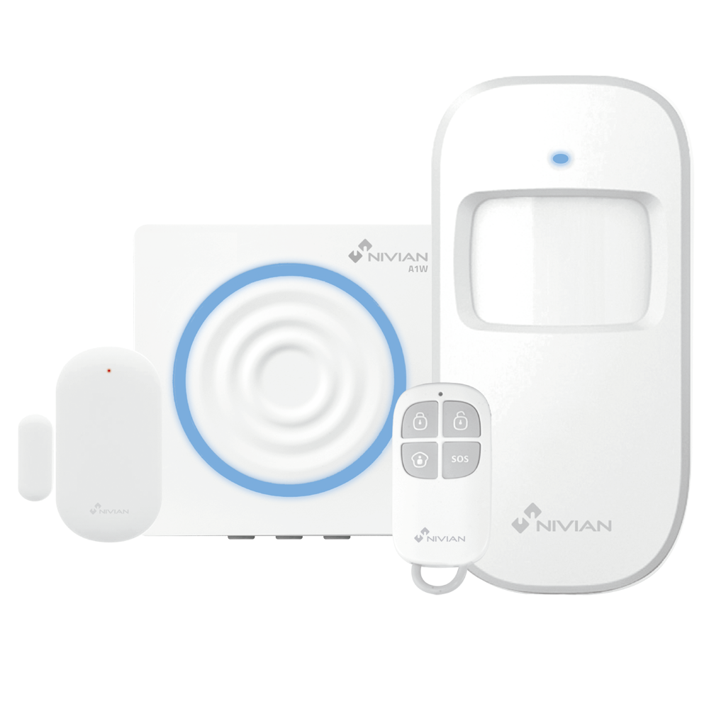 Nivian Smart Alarmsæt - Central/Sirene + PIR + Magnet + Fjernbetjening - Kontrolpanel med WiFi-kommunikation - 433 MHz Radiodetektorer - Op til 60 trådløse enheder - TUYA Smart / Google / Alexa Kompatibel