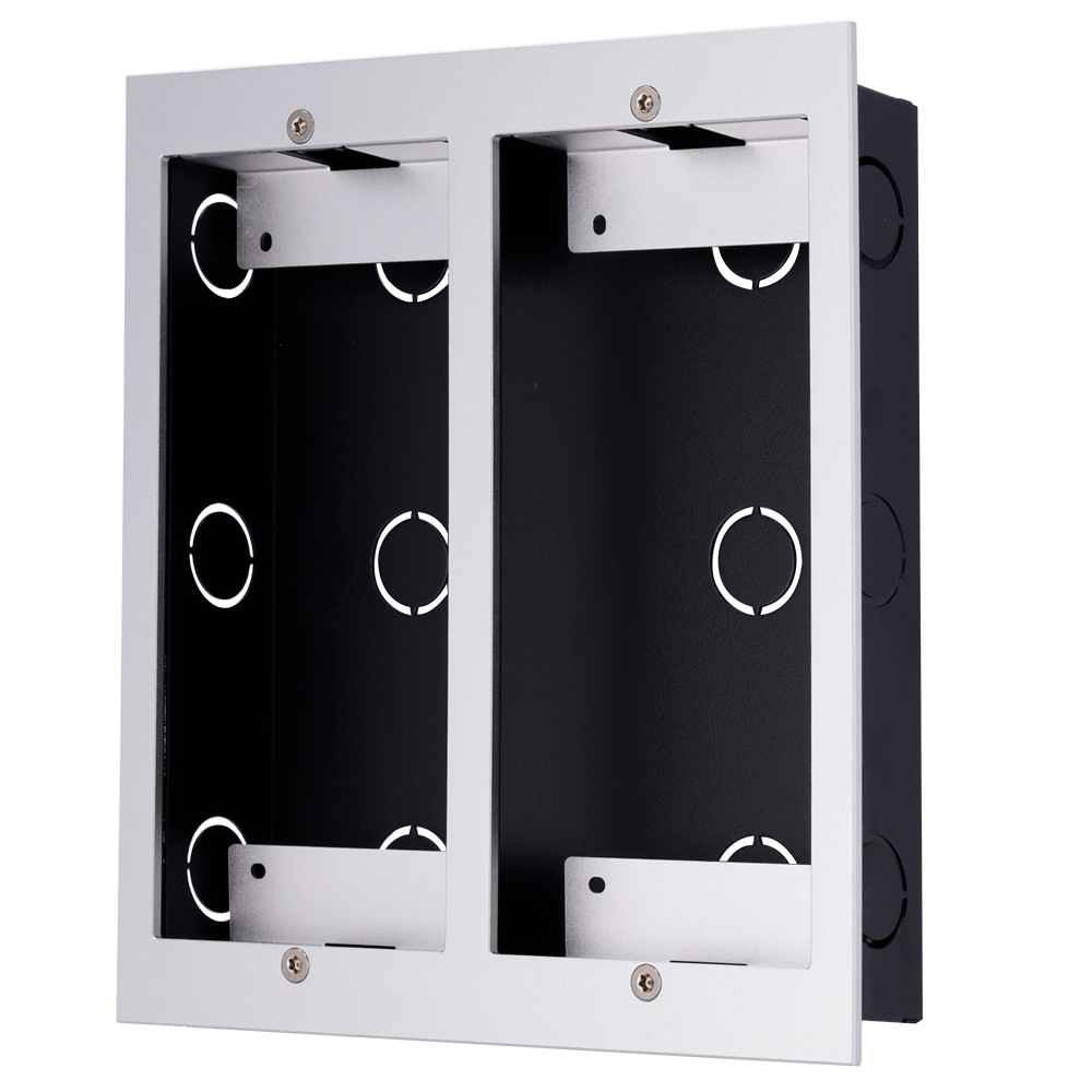 Frontpanel og indbygningsboks - Akuvox-specifik AK-R20B(K)-xB - Akuvox-specifik AK-MD12(6) - Panel: 226 (H) x 206 (B) x 3 (D) mm - Boks: 225 (H) x 186 (B) x 40 (D) mm - Fremstillet af aluminium og galvaniseret stål
