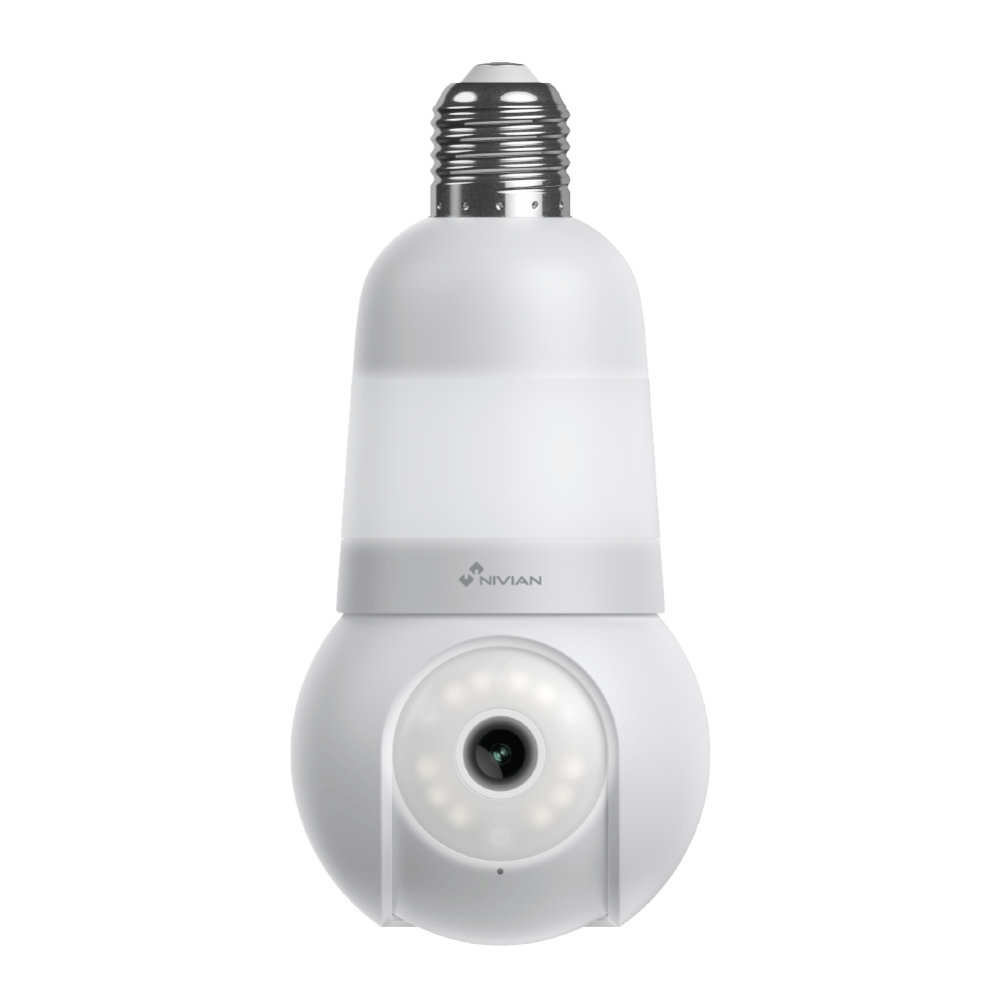 Nivian Smart-kamera 2K - WiFi 2,4 GHz / E27-fatning - PT-autotracking-kontrol | IR 10 m - Hvidt LED-lys 360° / Menneskedetektion - Optagelse til MicroSD-kort eller cloud - TUYA Smart / Google / Alexa kompatibel