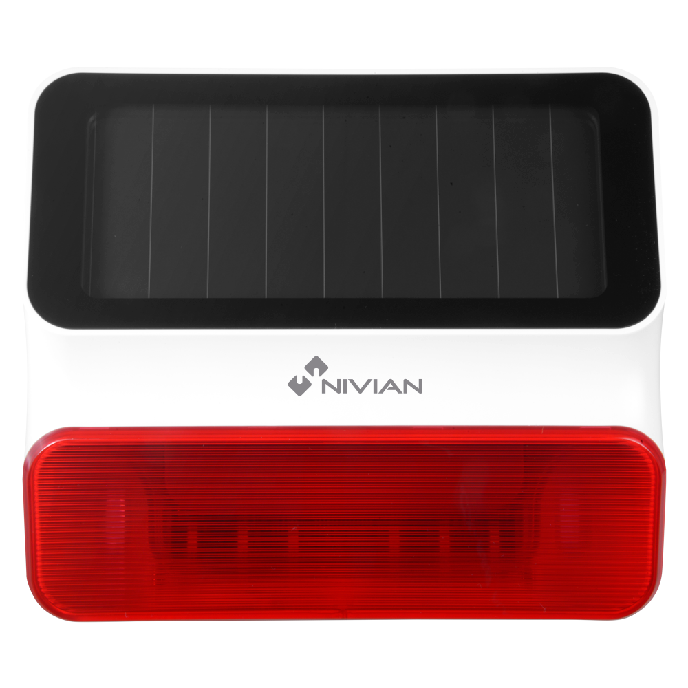 Nivian Smart - Solar udendørs sirene - Solenergi og backup batteri - Advarselsblink / Sirene 95dB - Trådløs 433MHz - Kompatibel med Nivian Smart Alarmpanel