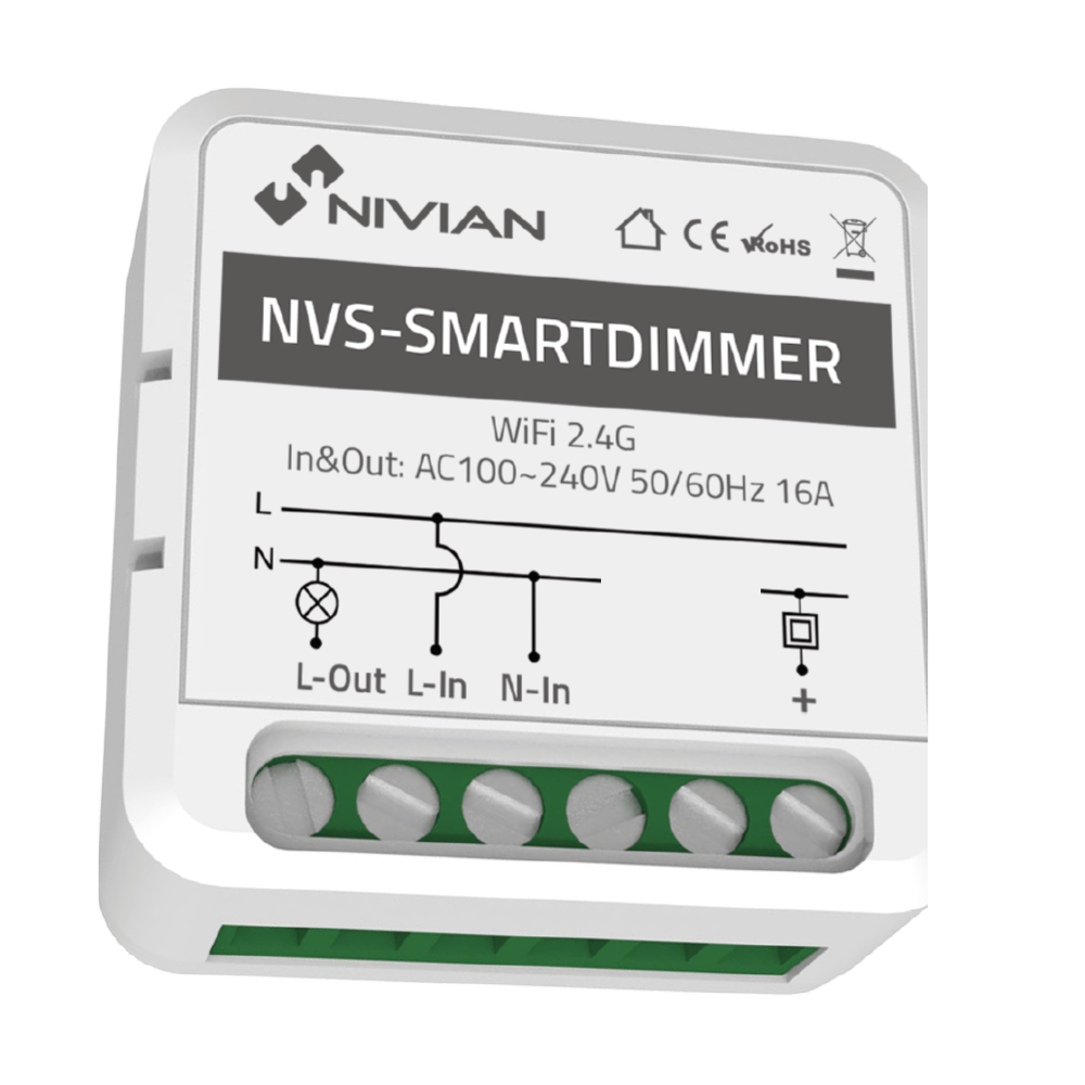 Regulator modul 1 linje - WiFi 2.4 GHz / Auto-tilføjet Bluetooth - Til dæmpbare pærer/Maksimal belastning 10A - Tilslutning til eksisterende regulator - Kompatibel med TUYA Smart - Kompatibel med Alexa og Google Assistant