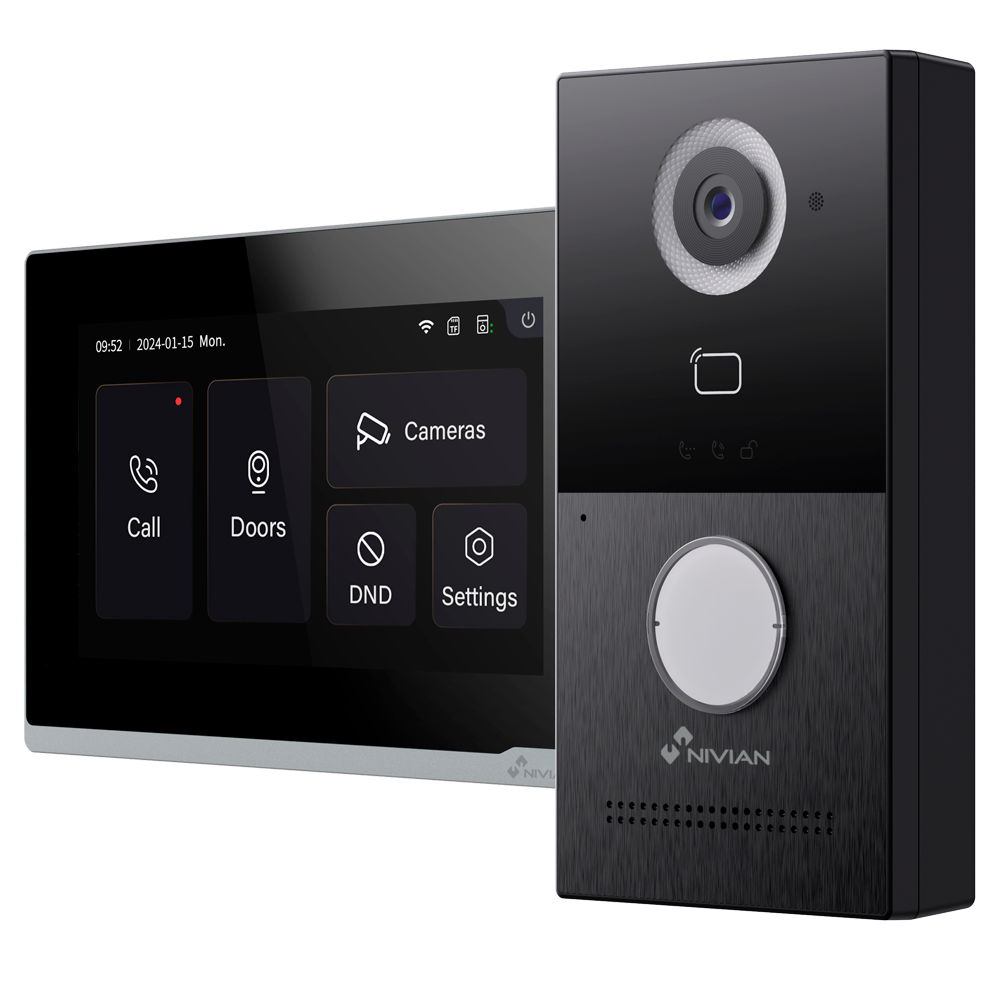 Nivian Video Dørtelefon Kit 2 Ledere - Udendørspanel 2 ledere + WiFi Monitor - Udendørsplade IP65 / Kamera 1080P - MF kortlæser / 2 relæudgange - Vægmonteret 7" touchscreen monitor - Tuya App / Fjernstyret åbning og opkald