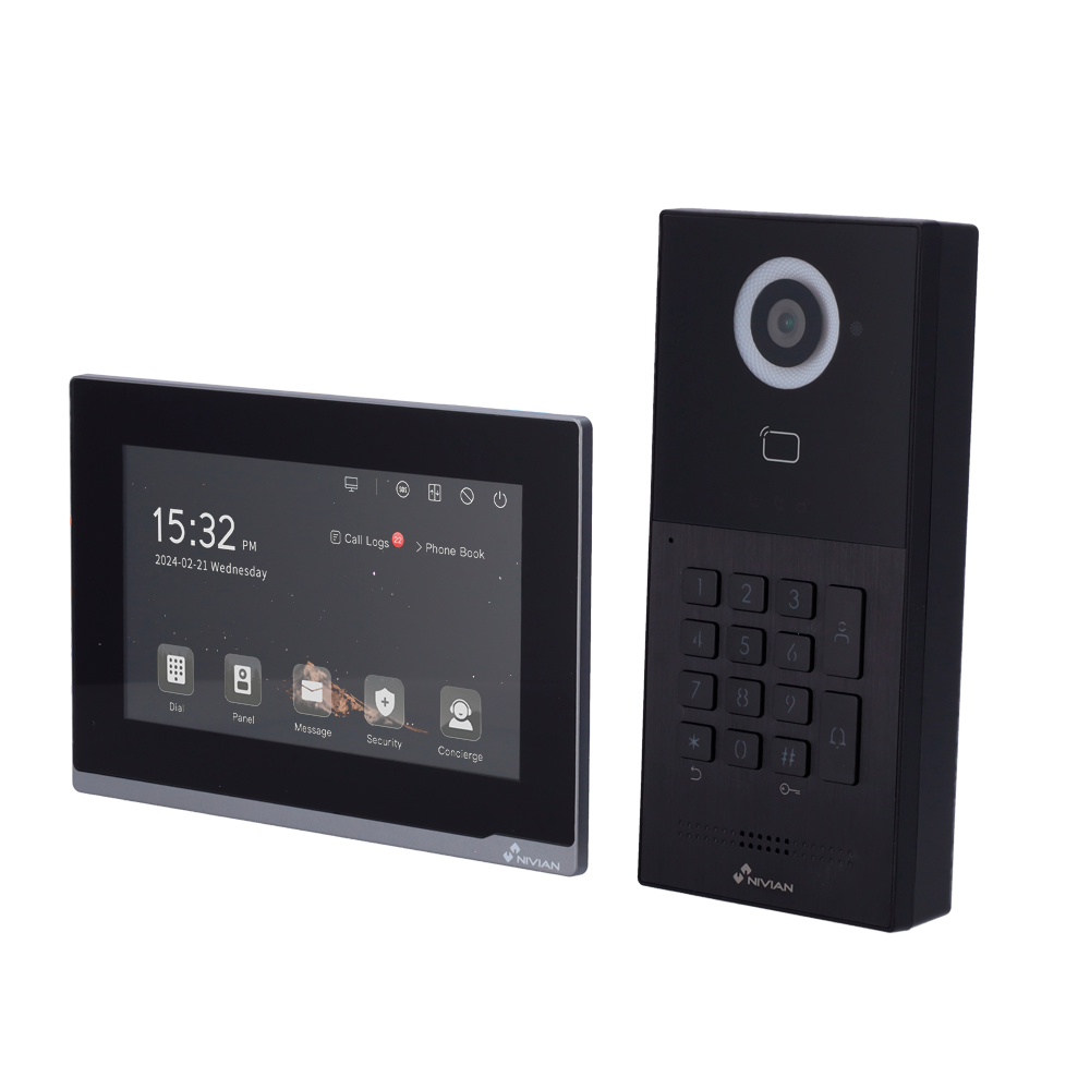 Nivian Video Dørtelefon Kit 2 Ledere med tastatur - Udendørspanel 2 ledere + WiFi Monitor - Udendørsplade IP65 / Kamera 1080P - MF kortlæser / 2 relæudgange - Vægmonteret 7" touchscreen monitor - Tuya App / Fjernstyret åbning og opkald