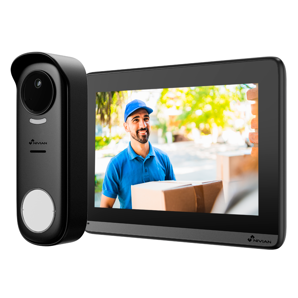 Nivian Trådløs Video Dørtelefon Kit WiFiHaLow - Trådløs Udendørspanel + WiFi Monitor - Udendørsplade IP65 / Kamera 1080P - 1 låseudgang - Vægmonteret 7" touchscreen monitor - Tuya App / Fjernstyret åbning og opkald