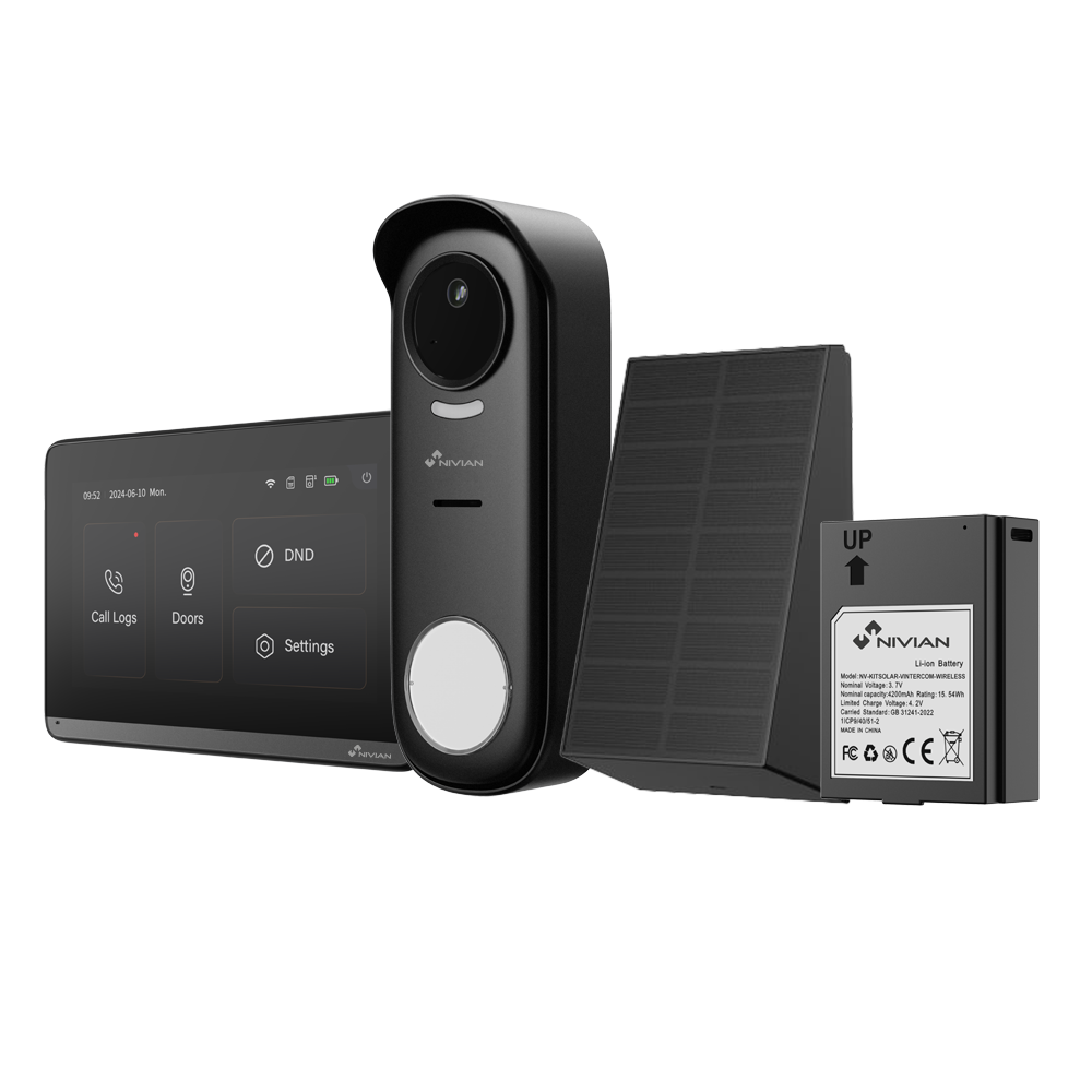 Nivian Trådløs Video Dørtelefon Kit WiFiHaLow - Trådløs Udendørspanel + WiFi Monitor - Udendørsplade IP65 / Kamera 1080P - 1 låseudgang - Vægmonteret 7" touchscreen monitor - Tuya App / Fjernstyret åbning og opkald