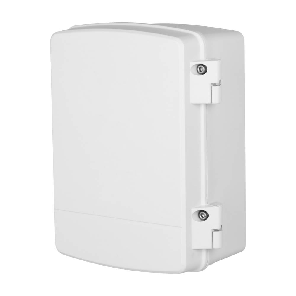 Forgreningsboks - Til motoriserede domekameraer uden huller - Egnet til udendørs brug IP66 - Lavet af aluminiumslegering og SECC - 297,2 mm (H) x 248 mm (B) x 130,7 mm (D) - Kabelforskruning: Hvid farve