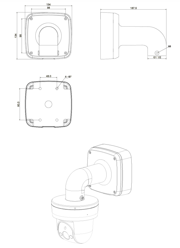 Vægbeslag - Til dome kameraer - Egnet til udendørs brug - Hvid farve - Kabelforskruning - 134 mm (H) x 134 (B) x 187,5 (D) mm