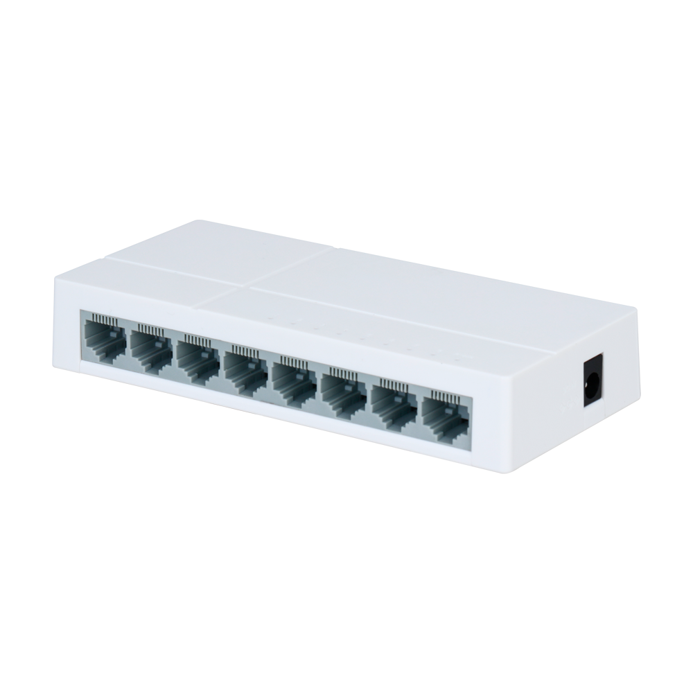 Mærke Fast Ethernet Switch - 8 porte RJ45 - Hastighed 10/100Mbps - Forbedret buffering til video streaming - Plug and Play - Plastik kabinet