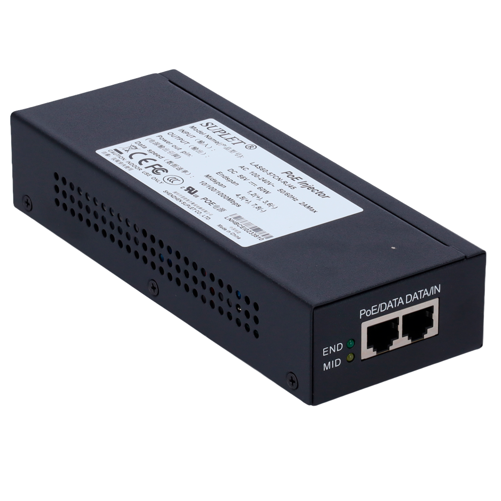 PoE injector - Input/Output RJ45 10/100/1000 Mbps - Effekt 60 W - Maksimal afstand 100 m - PoE/PoE+/Hi-PoE IEEE802.3af/at/bt